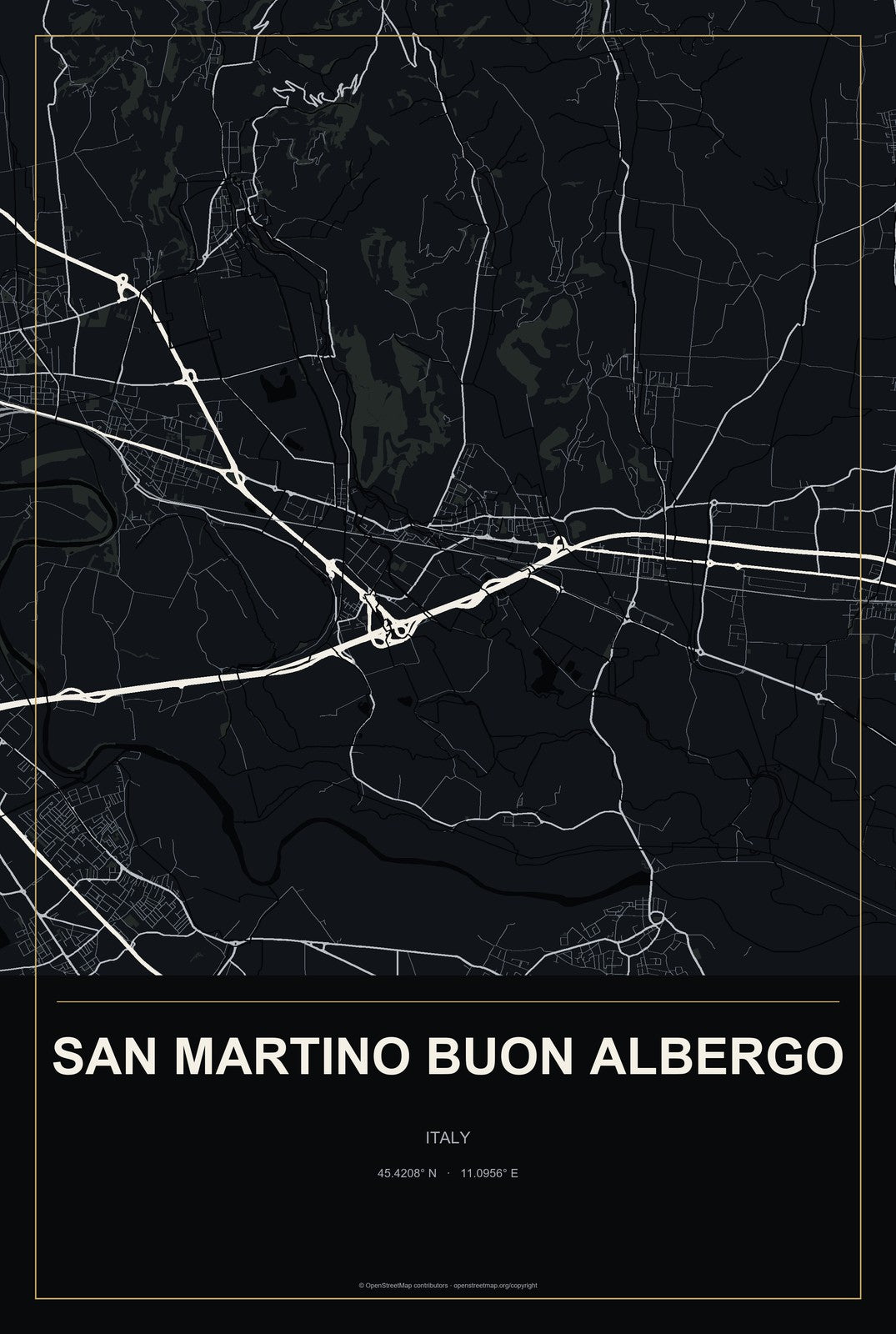 San Martino Buon Albergo, Italy City Map Aluminum Sign in Metropolitan Noir style