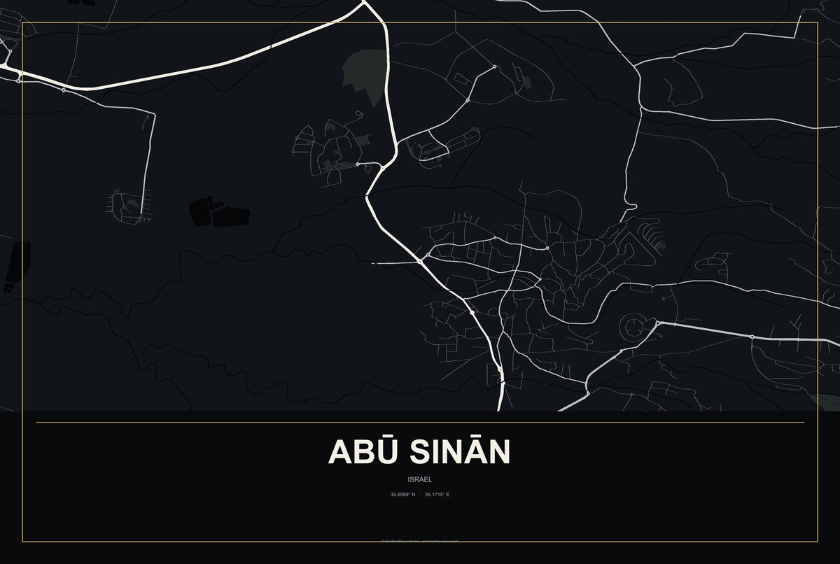Abū Sinān, Israel City Map Aluminum Sign in Metropolitan Noir style