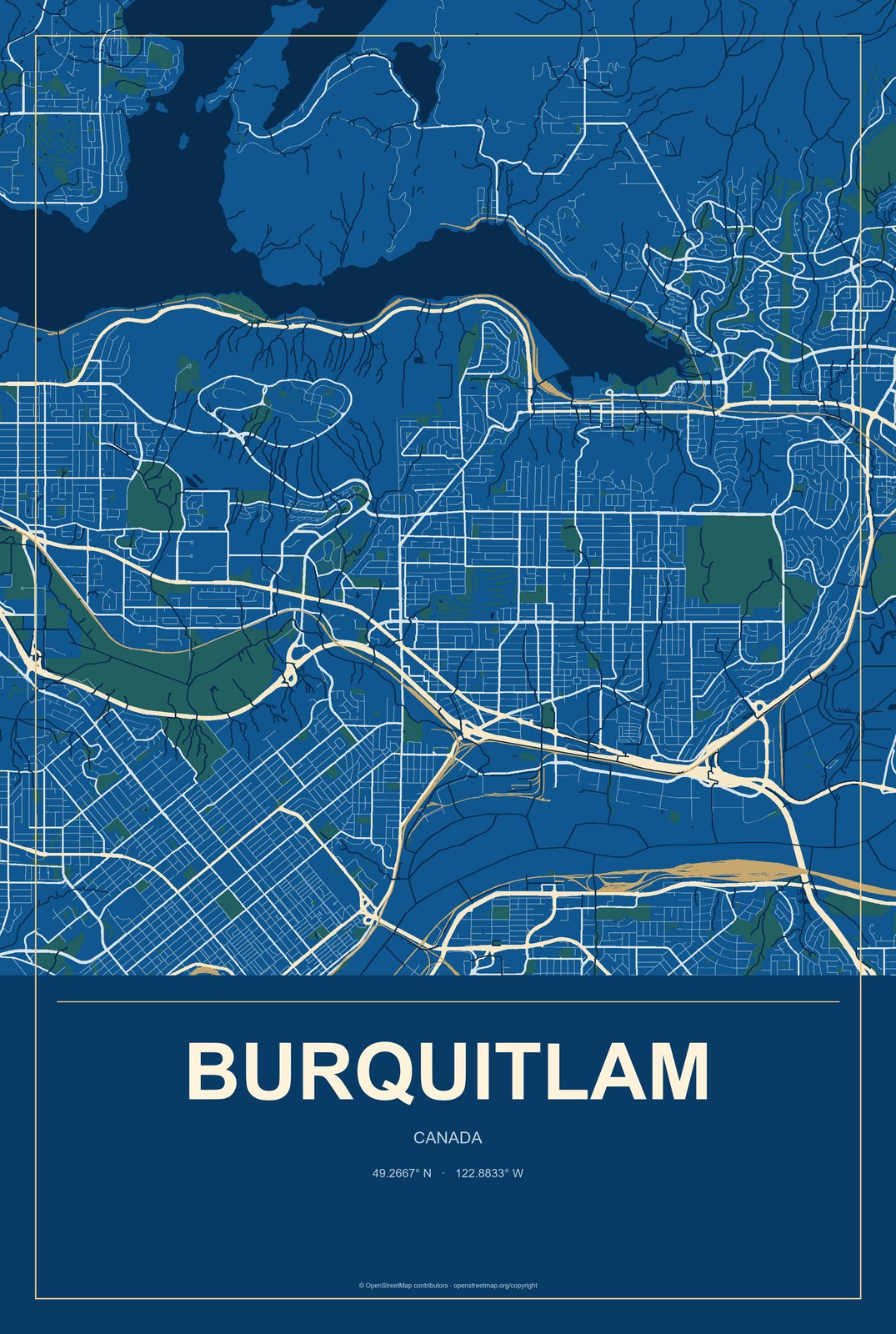 Burquitlam, Canada City Map Aluminum Sign in Harbor Cobalt style