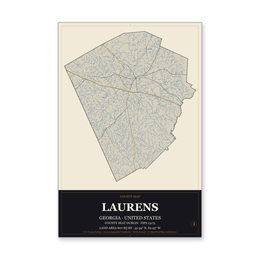 Laurens County, Georgia Map Aluminum Sign in Museum Plaque style