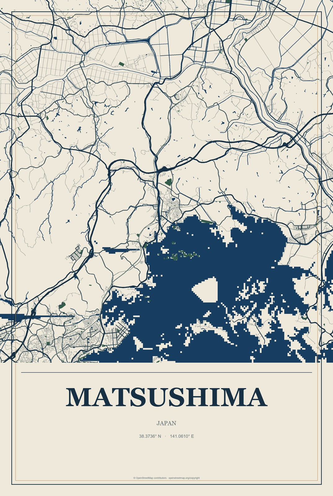 Matsushima, Japan City Map Aluminum Sign in Coastal Cutout style