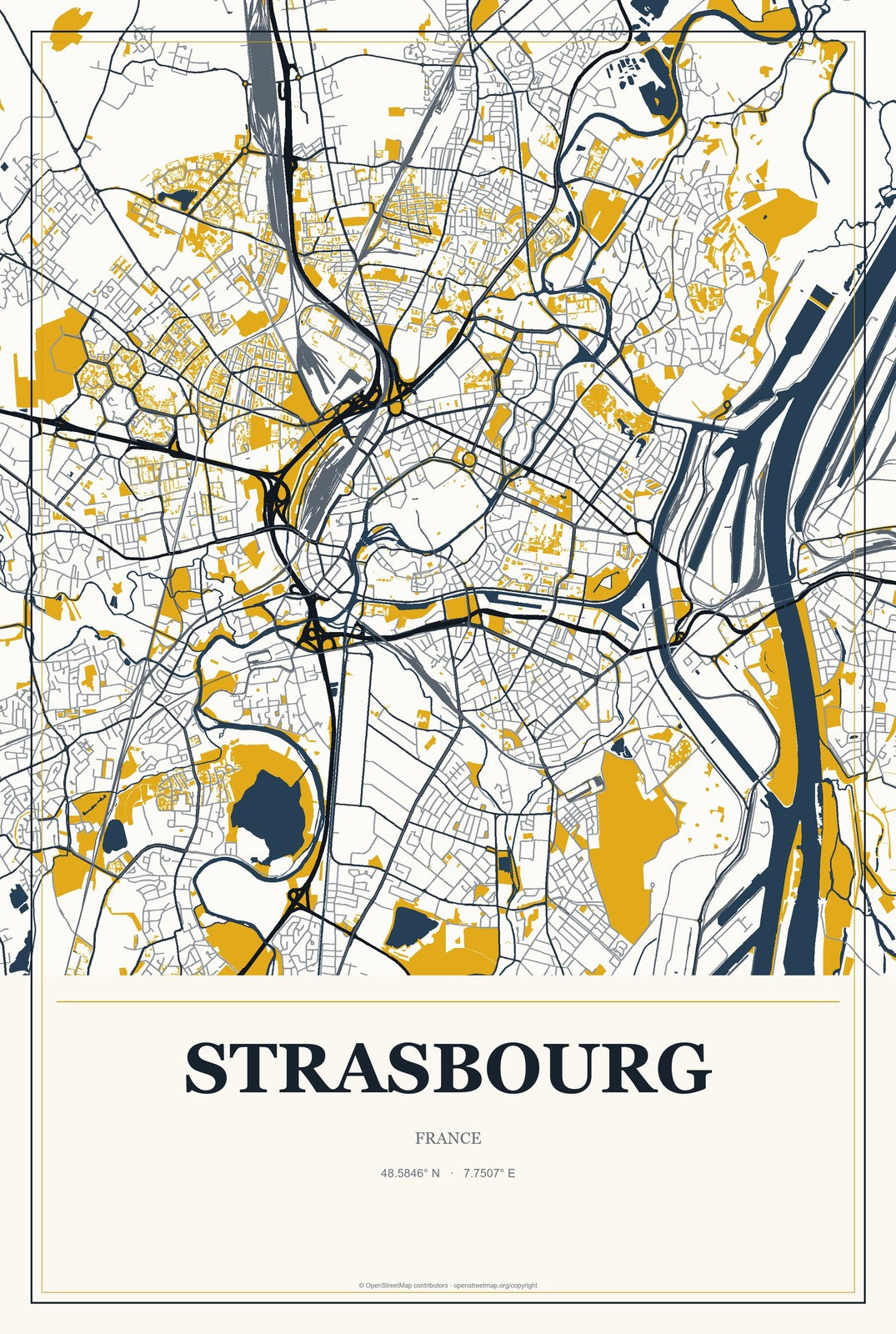 Strasbourg, France City Map Aluminum Sign in Citrine Modern style