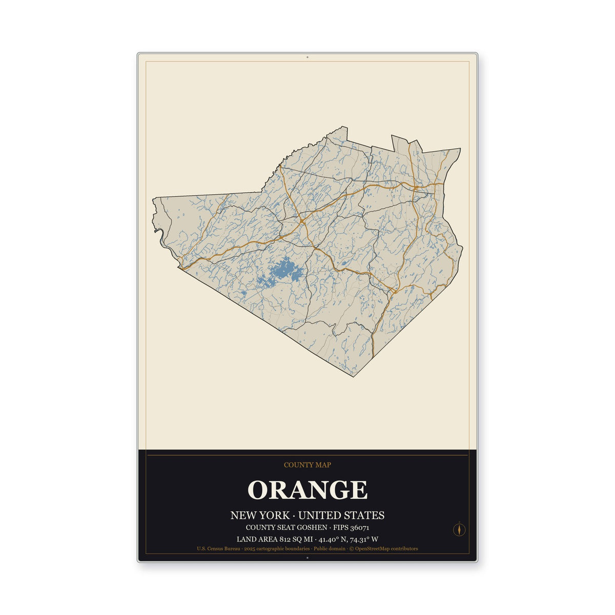 Orange County, New York Map Aluminum Sign in Museum Plaque style