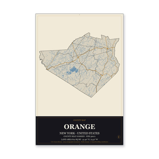 Orange County, New York Map Aluminum Sign in Museum Plaque style