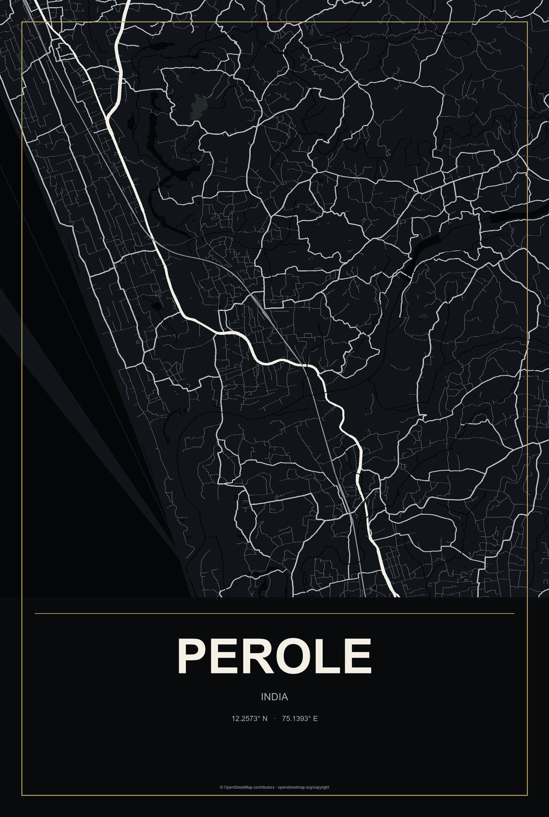 Perole, India City Map Aluminum Sign in Metropolitan Noir style
