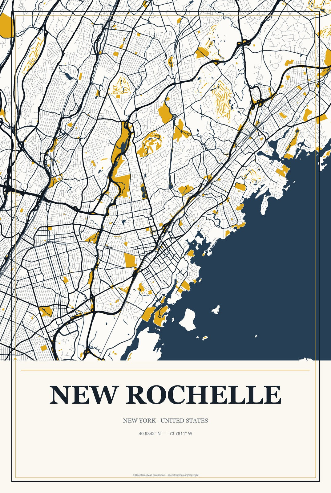 New Rochelle, New York City Map Aluminum Sign in Citrine Modern style