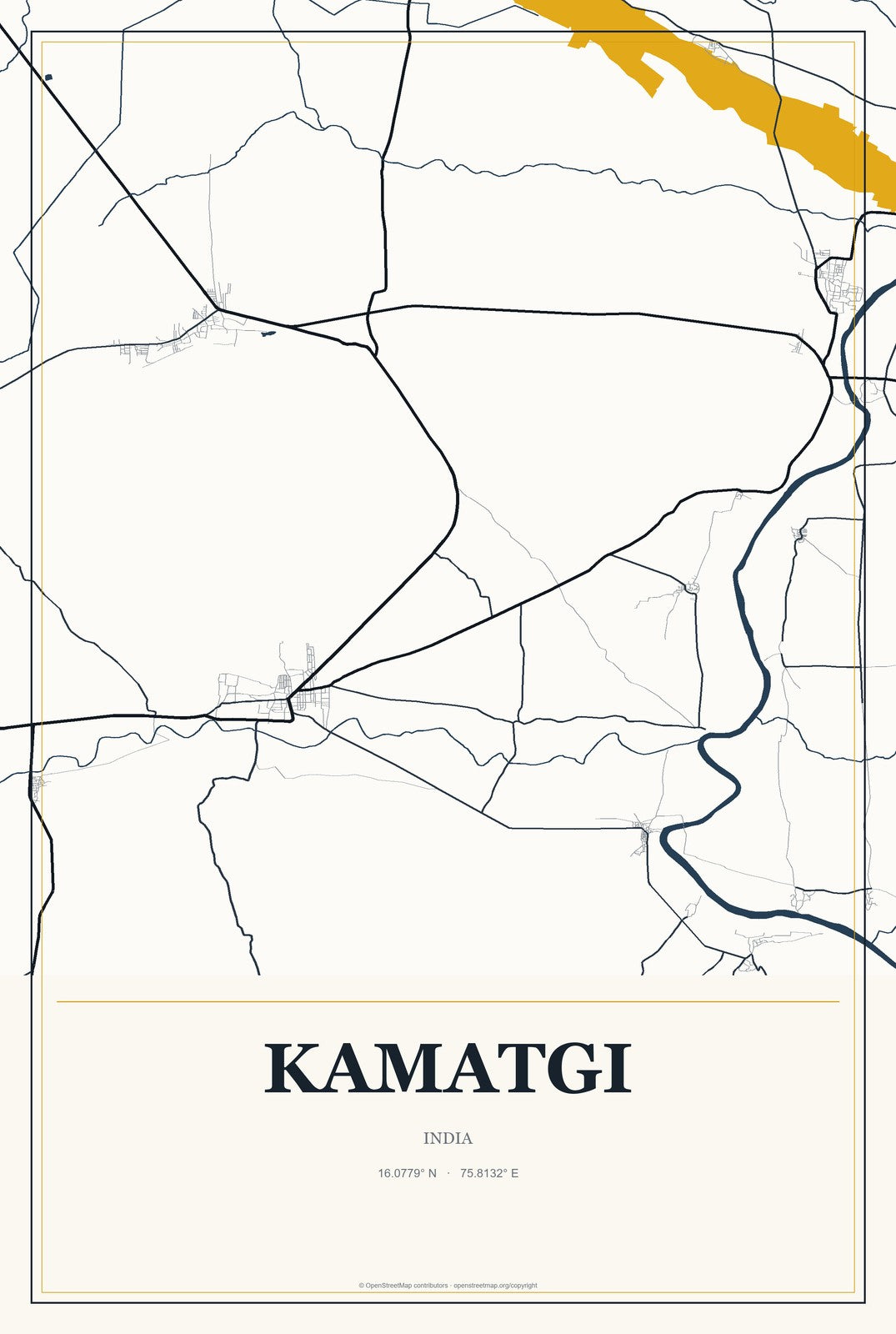 Kamatgi, India City Map Aluminum Sign in Citrine Modern style