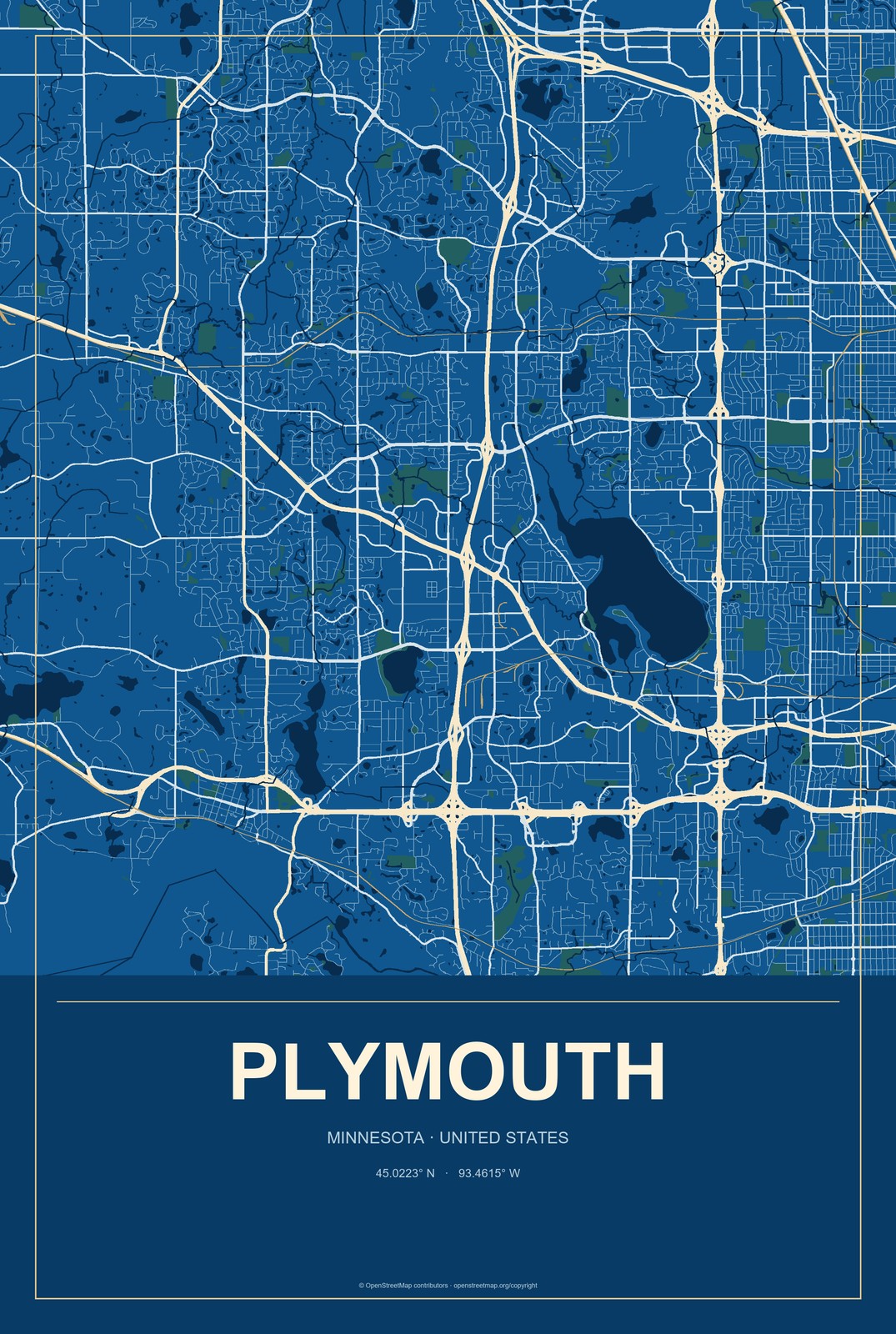 Plymouth, Minnesota City Map Aluminum Sign in Harbor Cobalt style