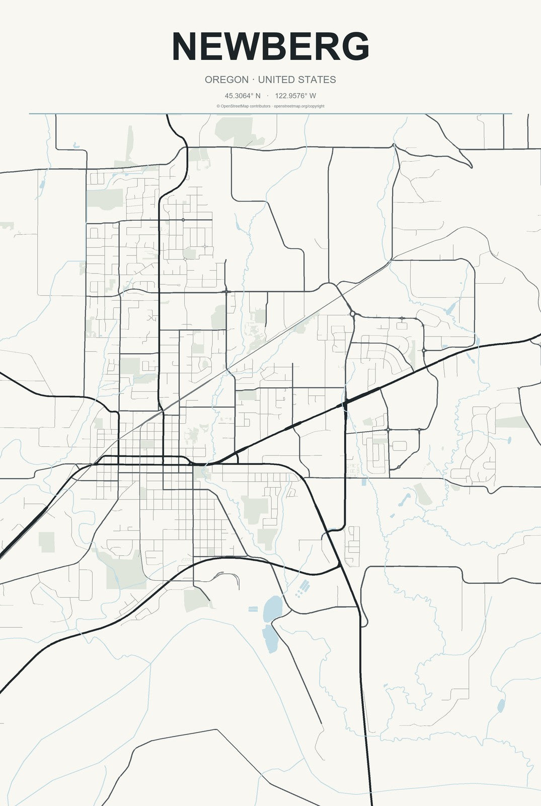 Newberg, Oregon City Map Aluminum Sign in Headline Atlas style