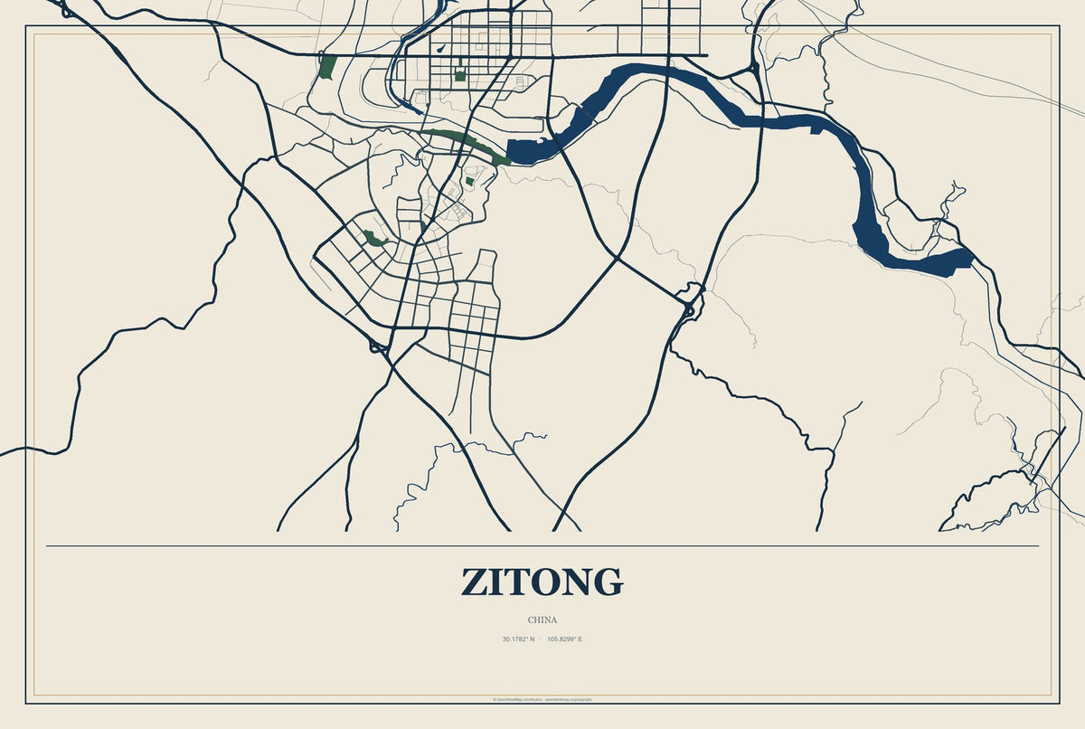 Zitong, China City Map Aluminum Sign in Coastal Cutout style