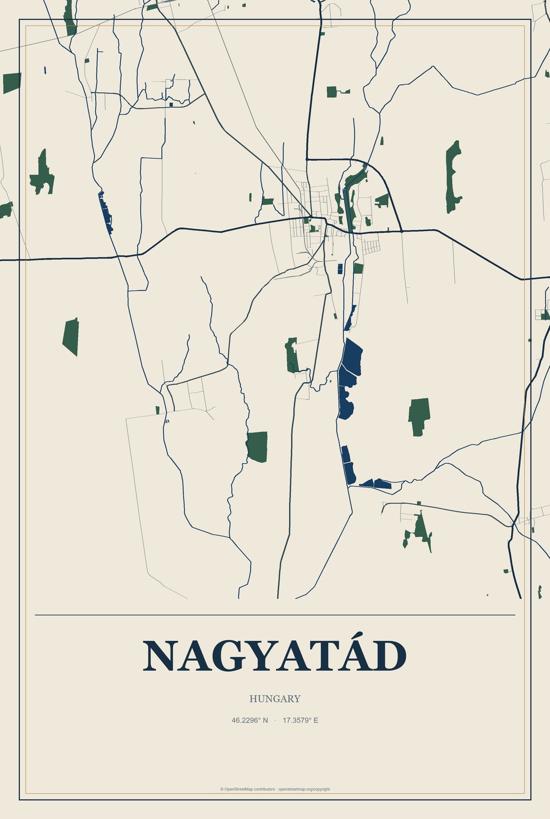 Nagyatád, Hungary City Map Aluminum Sign in Coastal Cutout style