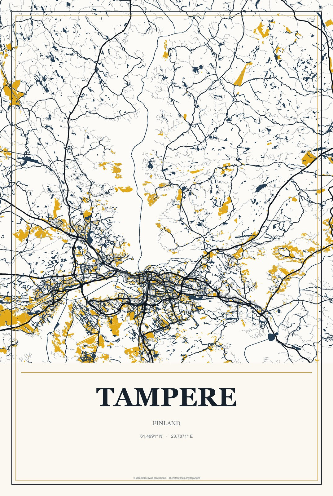Tampere, Finland City Map Aluminum Sign in Citrine Modern style