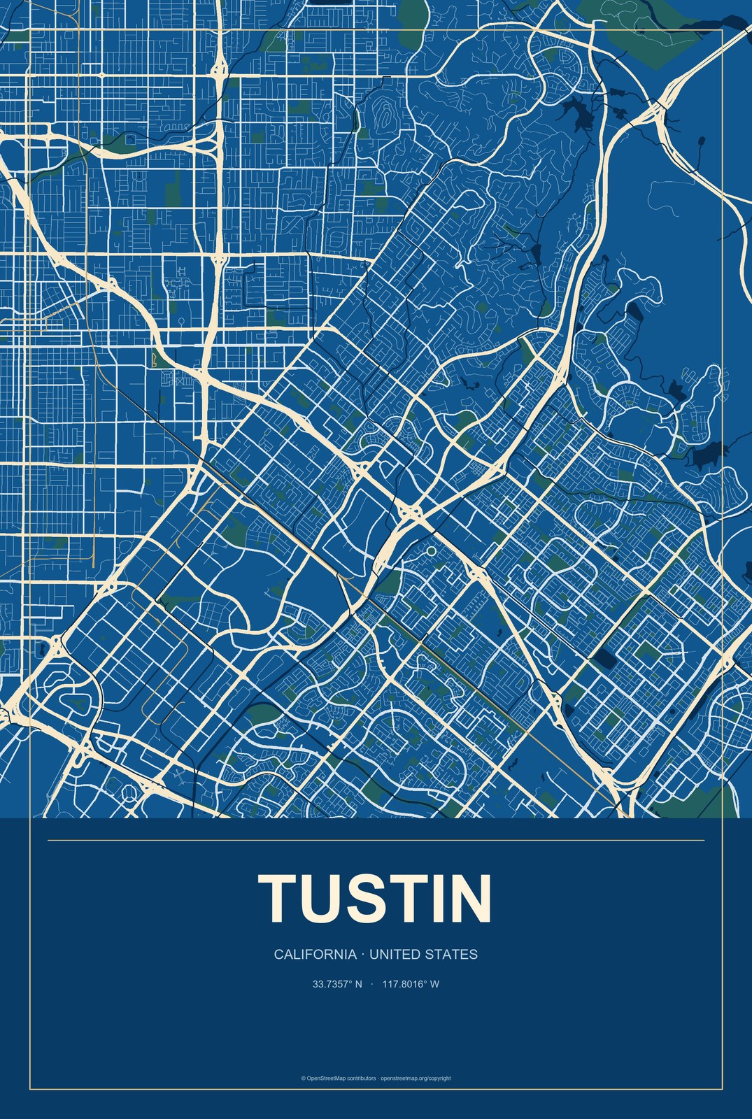 Tustin, California City Map Aluminum Sign in Harbor Cobalt style
