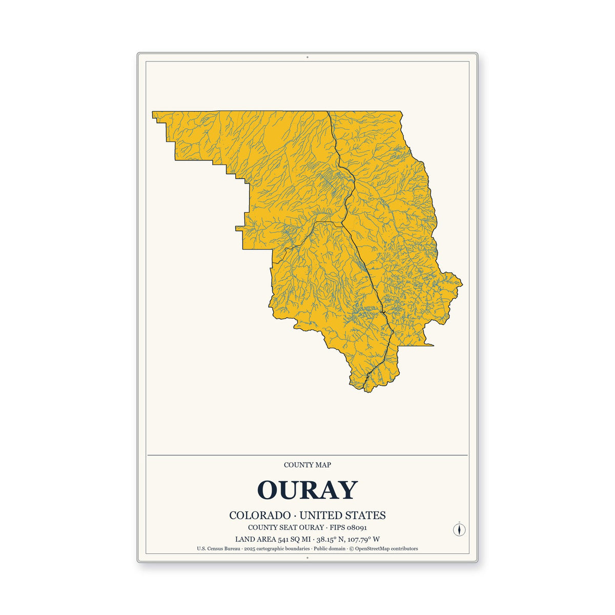 Ouray County, Colorado Map Aluminum Sign in Citrine Modern style