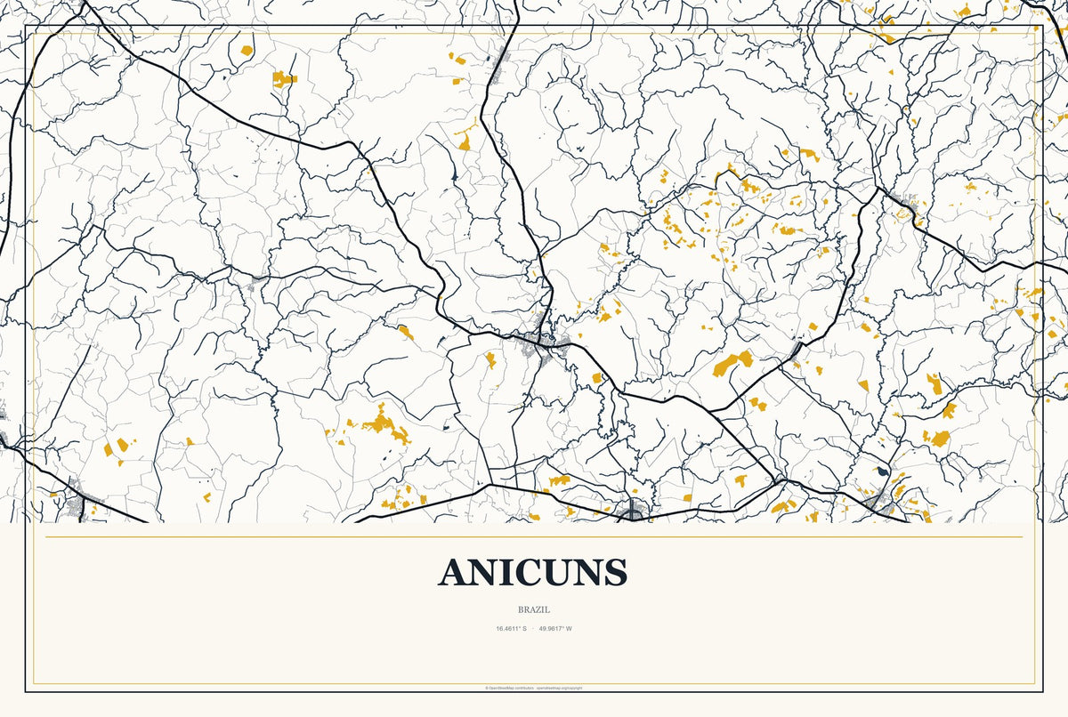 Anicuns, Brazil City Map Aluminum Sign in Citrine Modern style