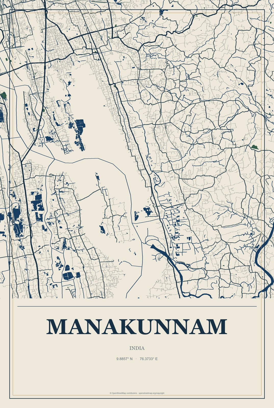 Manakunnam, India City Map Aluminum Sign in Coastal Cutout style