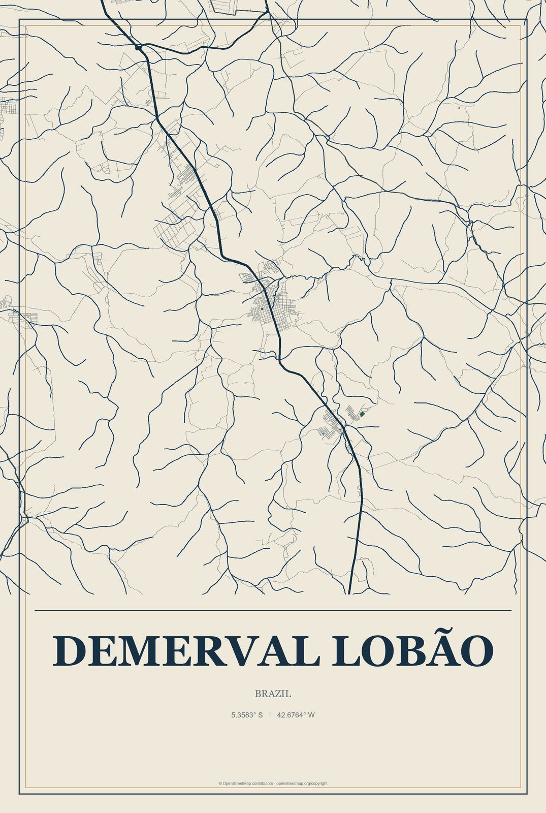 Demerval Lobão, Brazil City Map Aluminum Sign in Coastal Cutout style