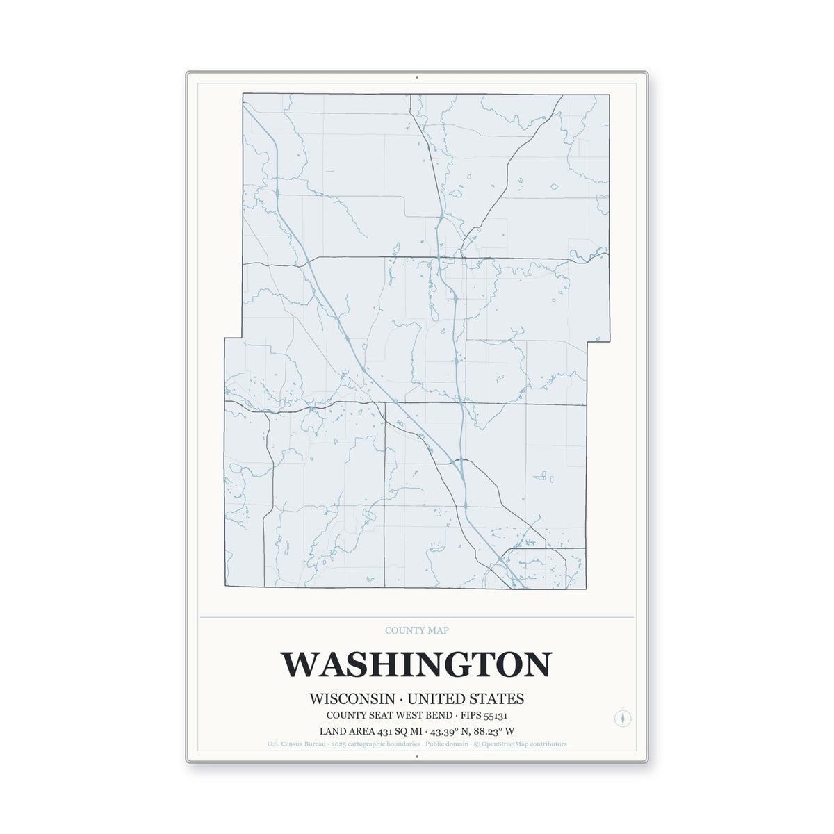 Washington County, Wisconsin Map Aluminum Sign in Gallery Air style