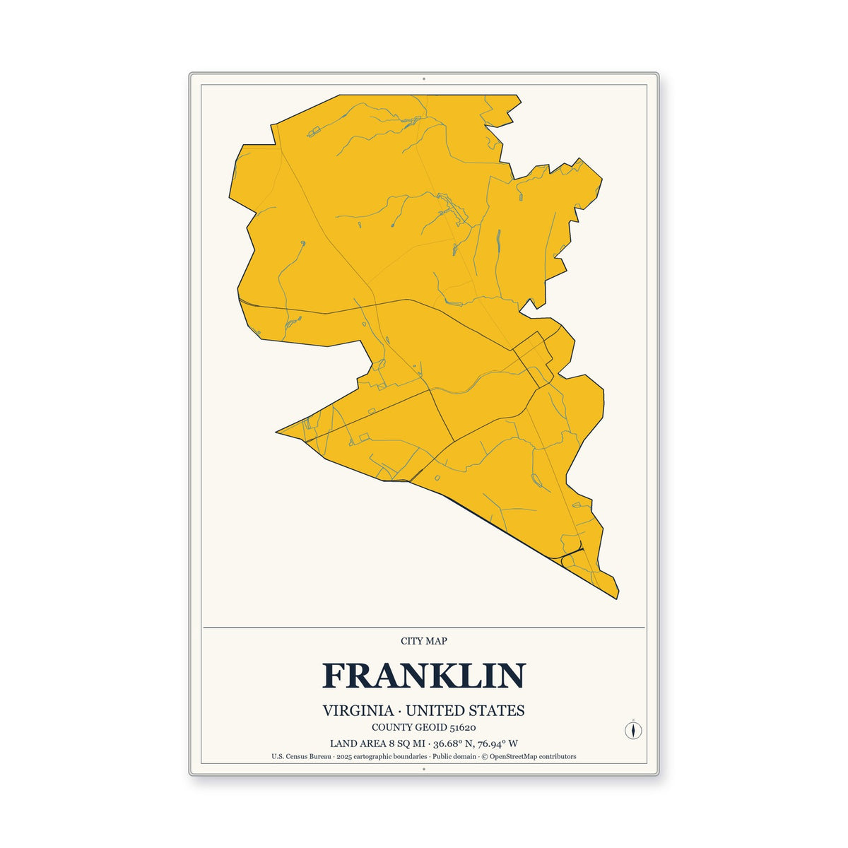 Franklin city, Virginia Map Aluminum Sign in Citrine Modern style