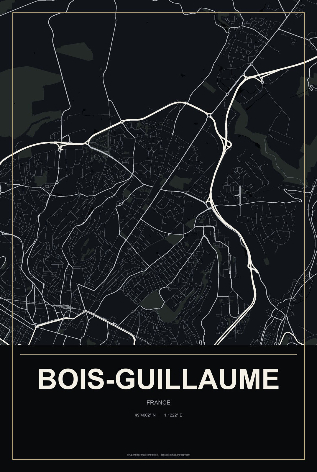 Bois-Guillaume, France City Map Aluminum Sign in Metropolitan Noir style