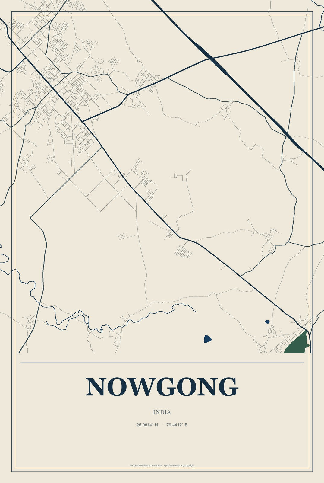 Nowgong, India City Map Aluminum Sign in Coastal Cutout style