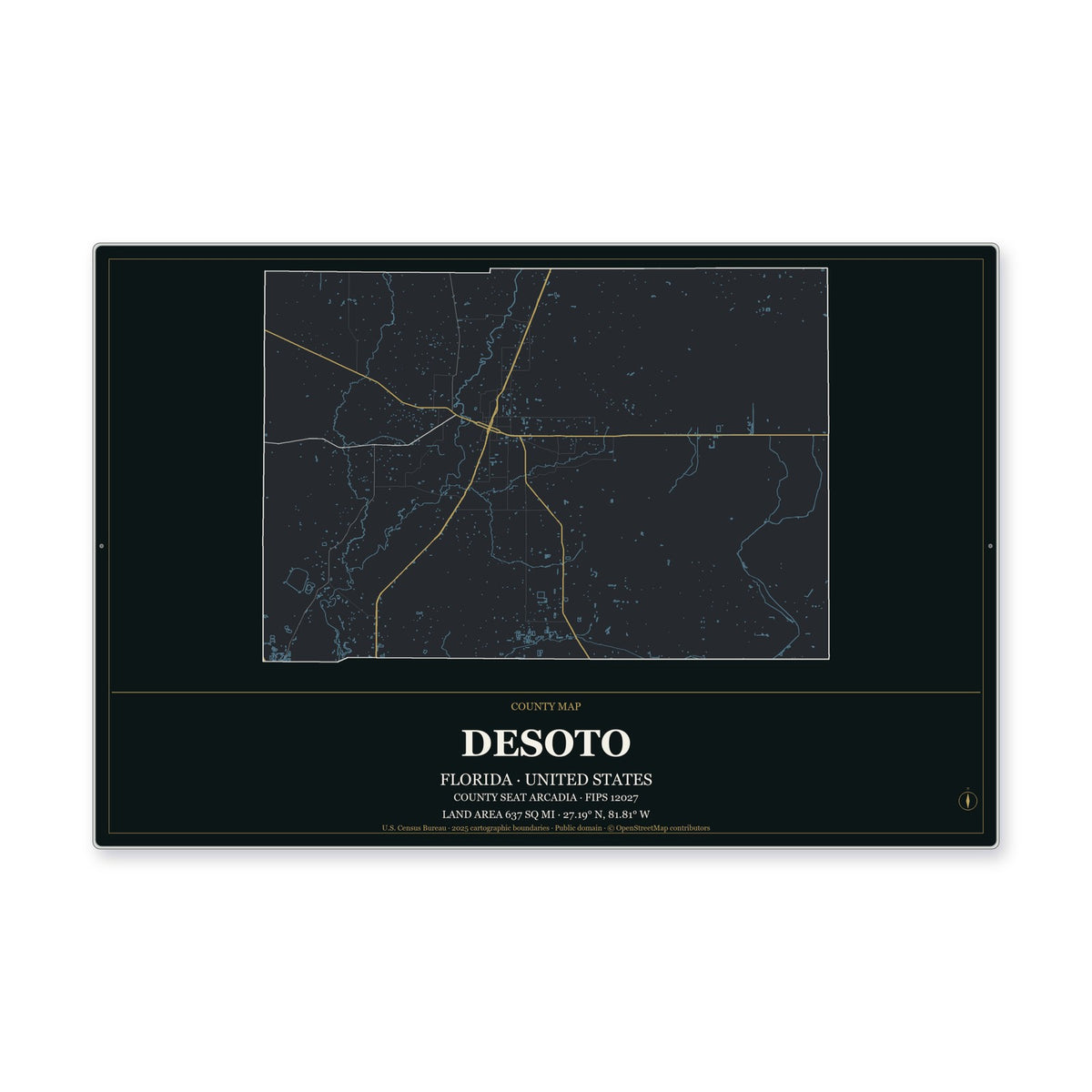 DeSoto County, Florida Map Aluminum Sign in Metropolitan Noir style