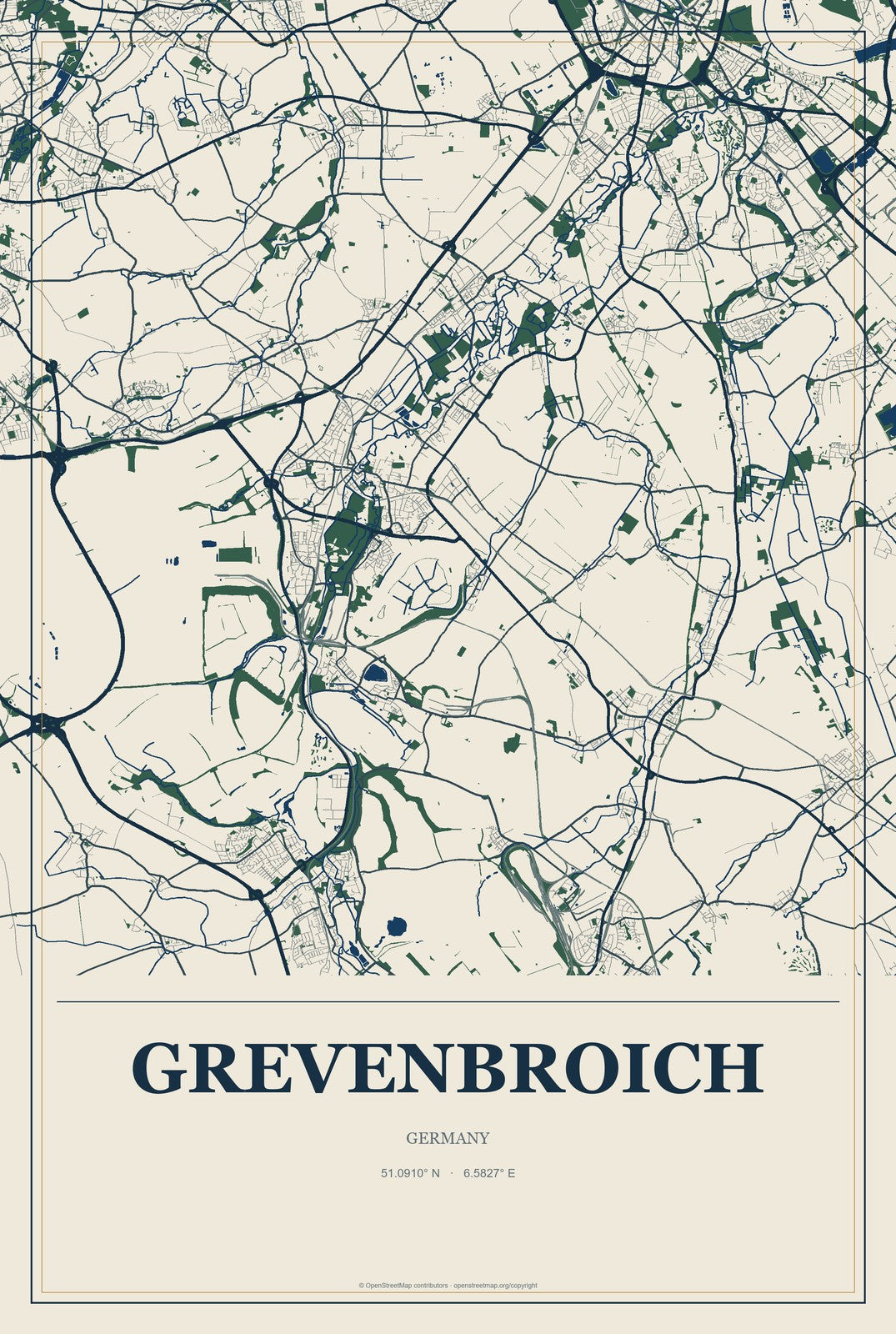 Grevenbroich, Germany City Map Aluminum Sign in Coastal Cutout style