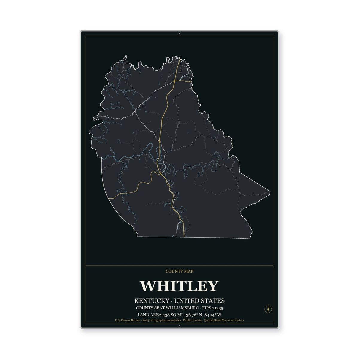 Whitley County, Kentucky Map Aluminum Sign in Metropolitan Noir style