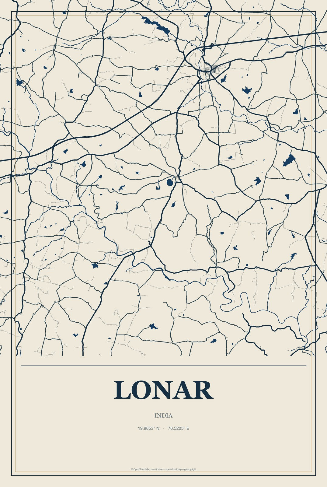 Lonar, India City Map Aluminum Sign in Coastal Cutout style