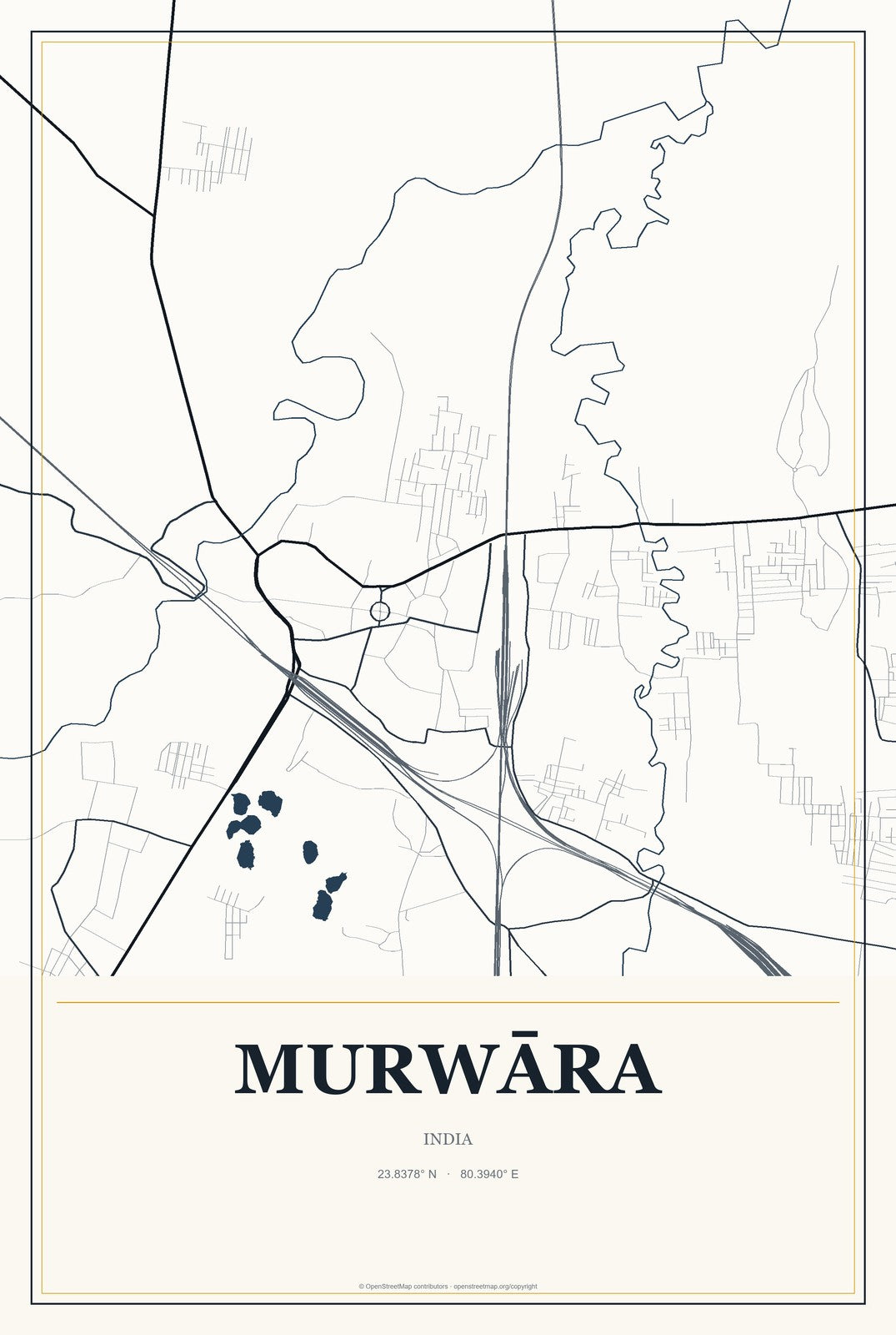 Murwāra, India City Map Aluminum Sign in Citrine Modern style