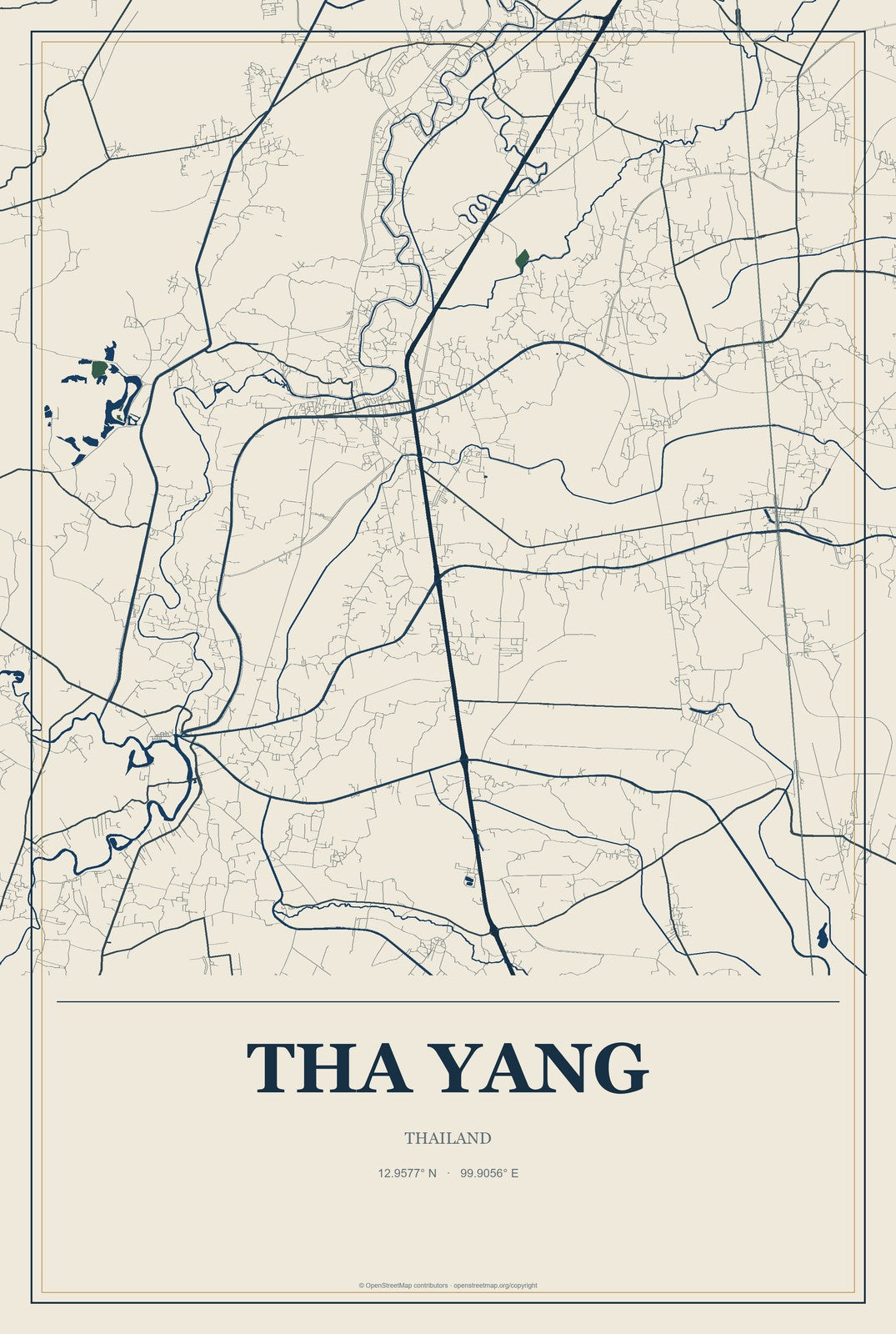 Tha Yang, Thailand City Map Aluminum Sign in Coastal Cutout style