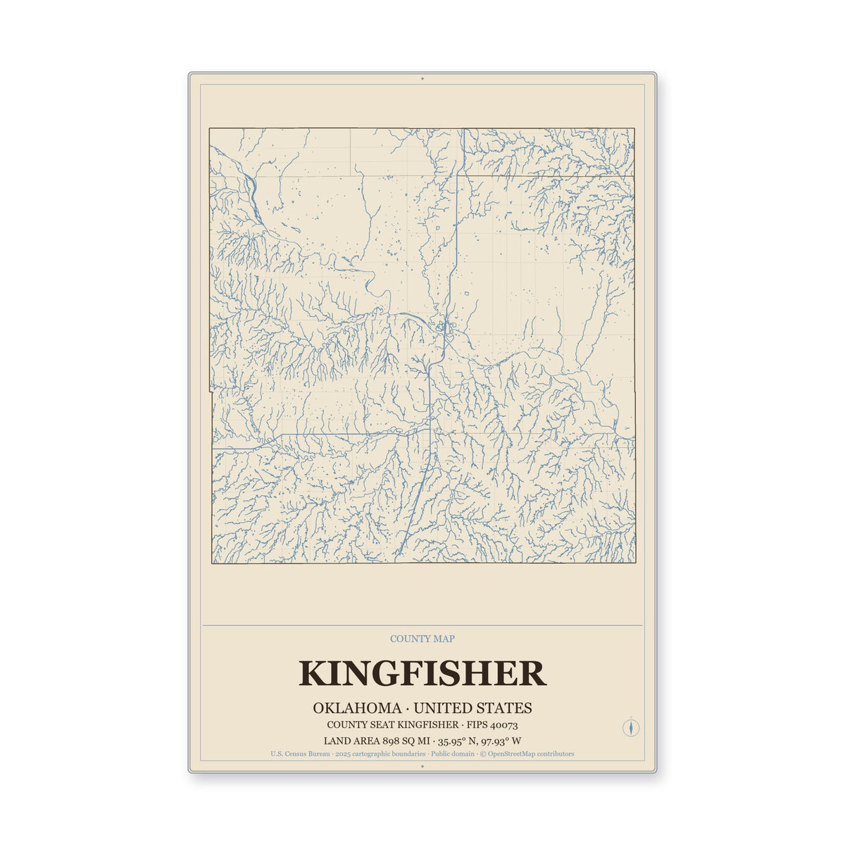 Kingfisher County, Oklahoma Map Aluminum Sign in Heritage Nautical style
