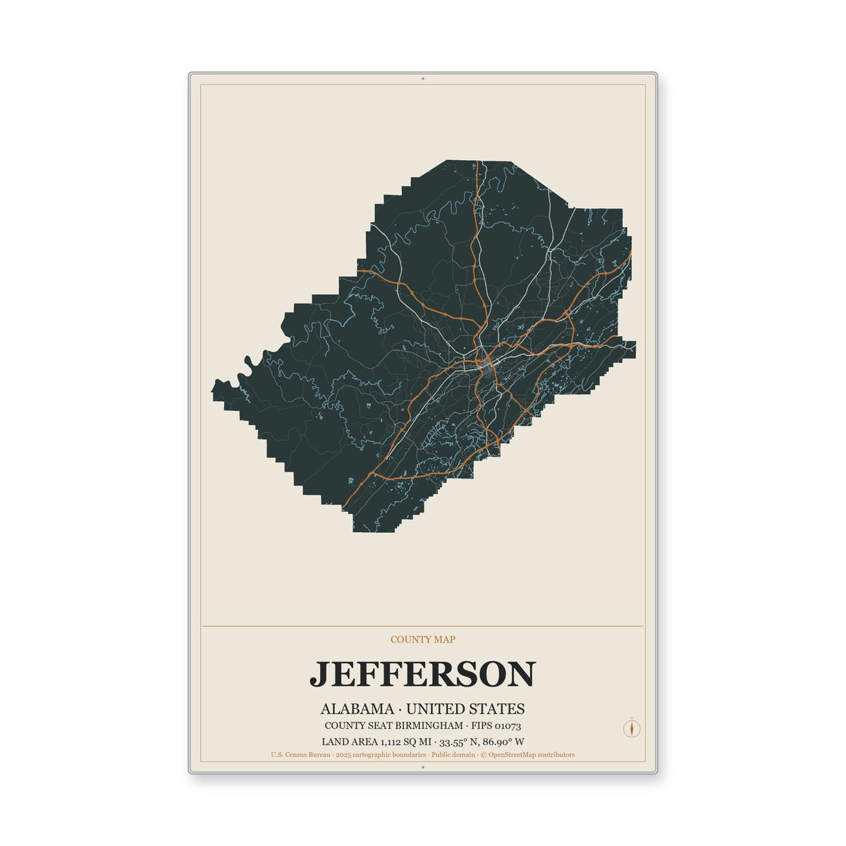 Jefferson County, Alabama Map Aluminum Sign in Headline Atlas style