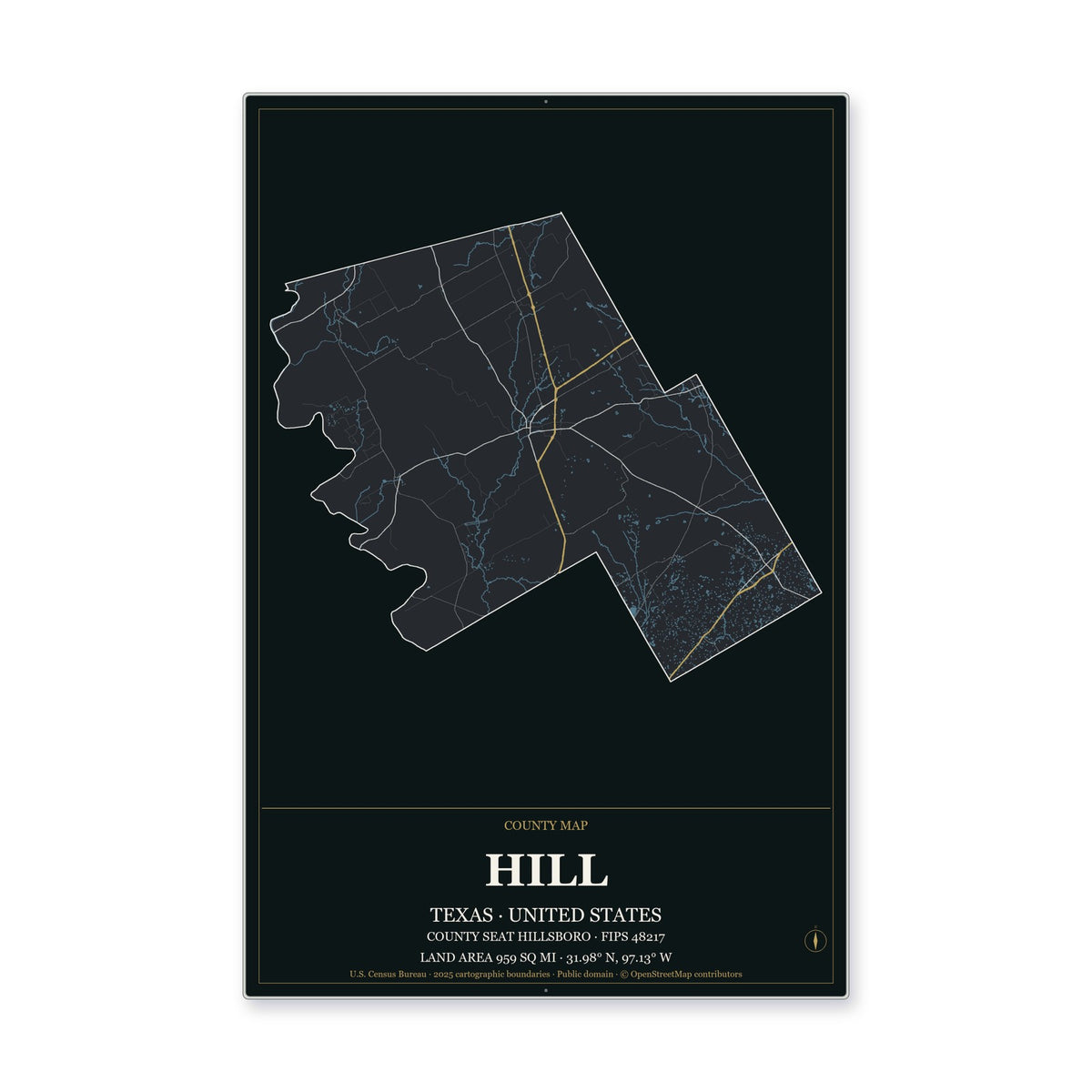 Hill County, Texas Map Aluminum Sign in Metropolitan Noir style