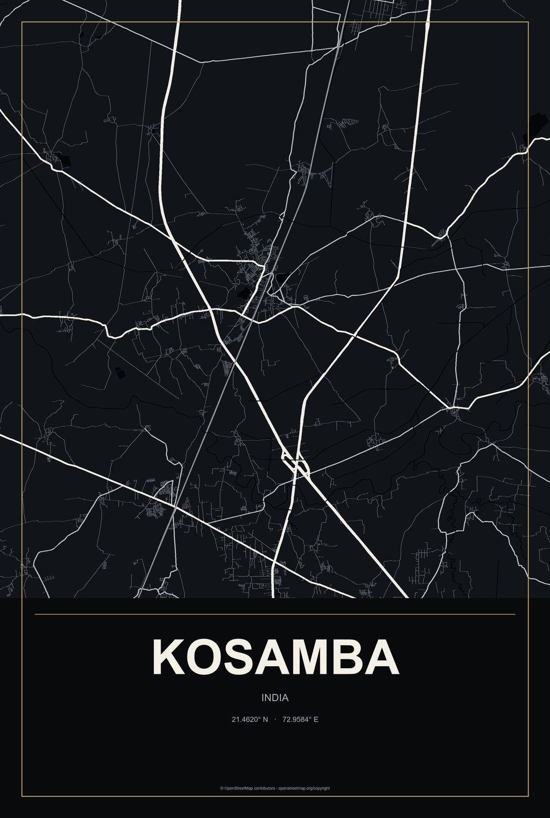 Kosamba, India City Map Aluminum Sign in Metropolitan Noir style