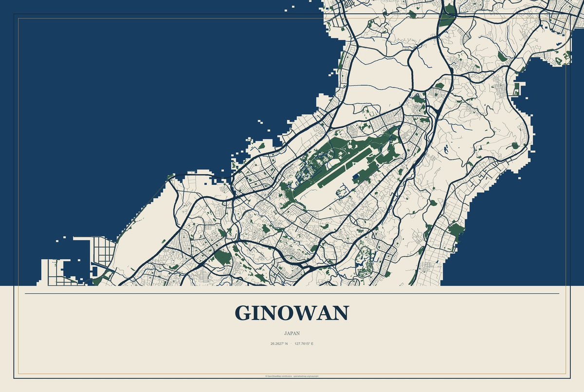 Ginowan, Japan City Map Aluminum Sign in Coastal Cutout style