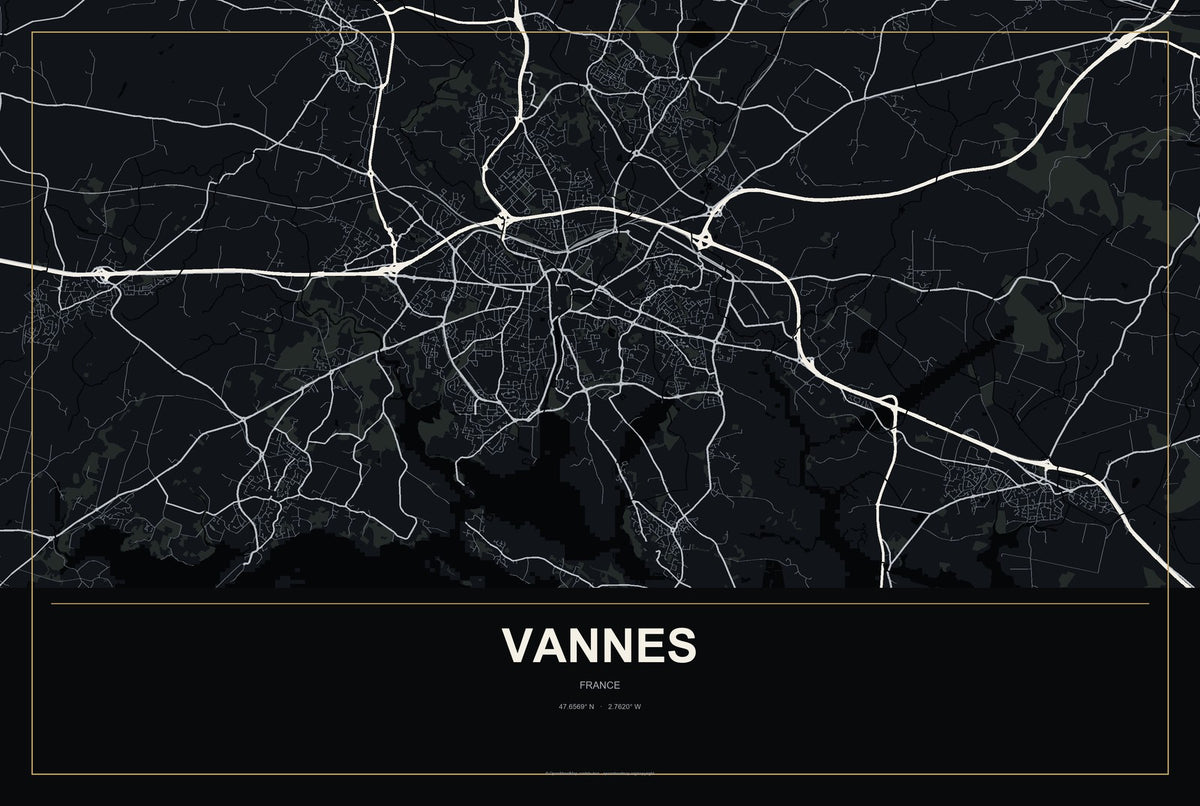 Vannes, France City Map Aluminum Sign in Metropolitan Noir style