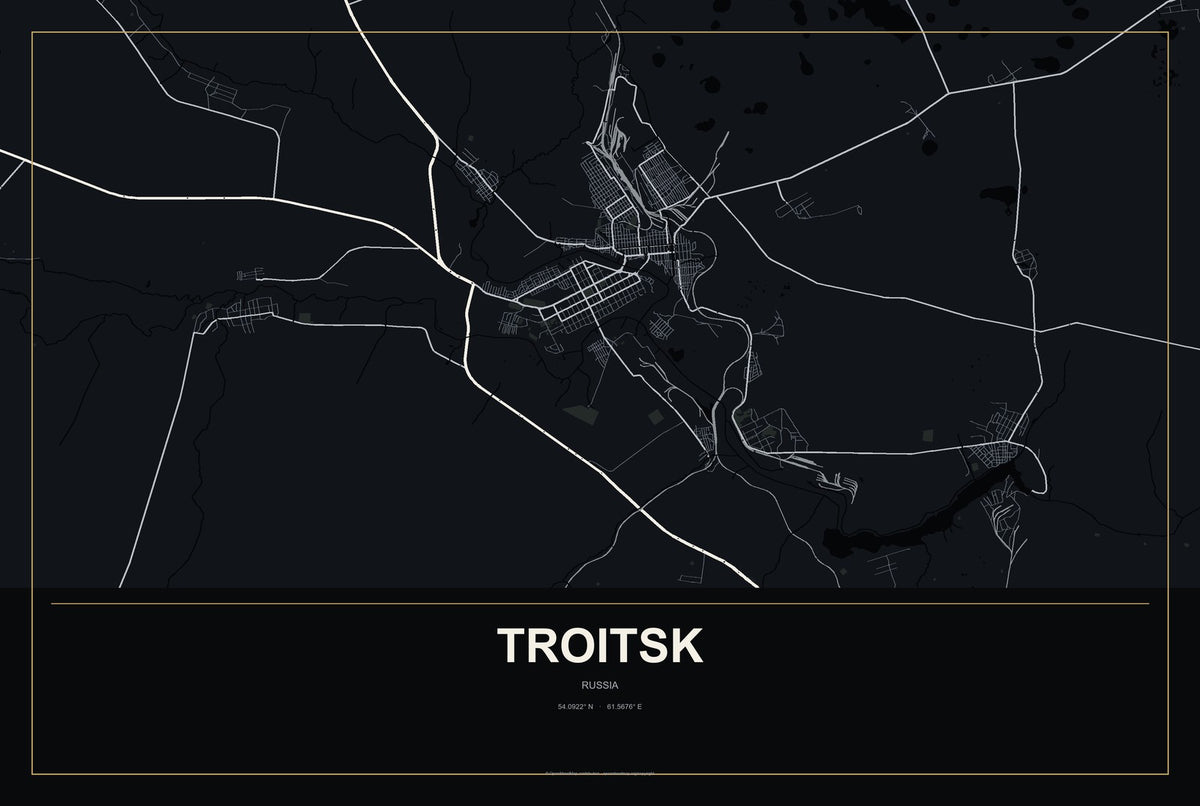 Troitsk, Chelyabinsk, Russia City Map Aluminum Sign in Metropolitan Noir style
