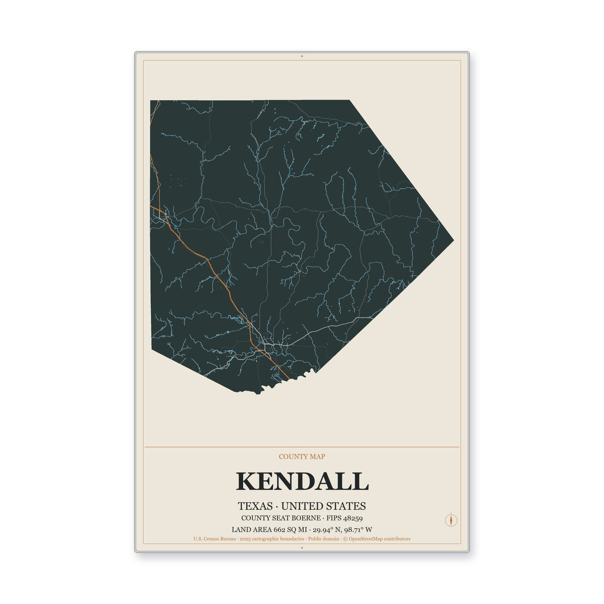 Kendall County, Texas Map Aluminum Sign in Headline Atlas style
