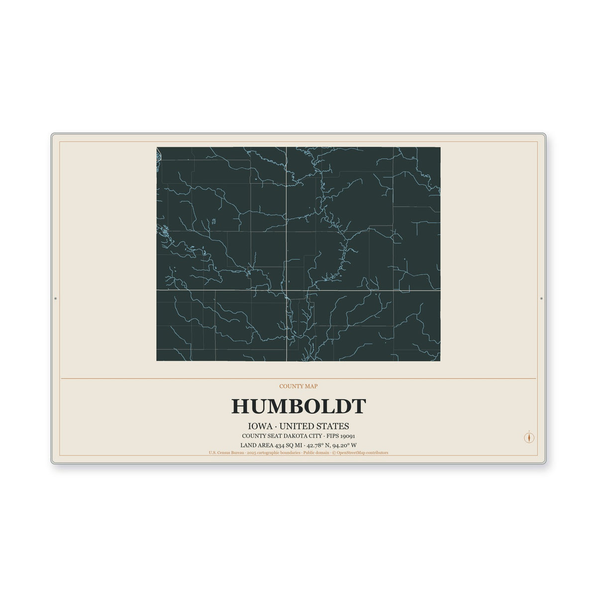 Humboldt County, Iowa Map Aluminum Sign in Headline Atlas style
