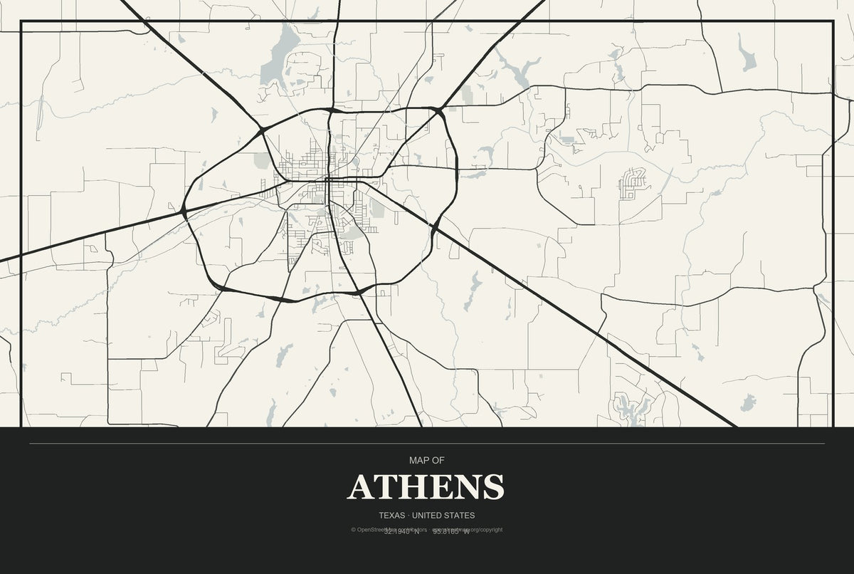 Athens, Texas City Map Aluminum Sign in Museum Plaque style