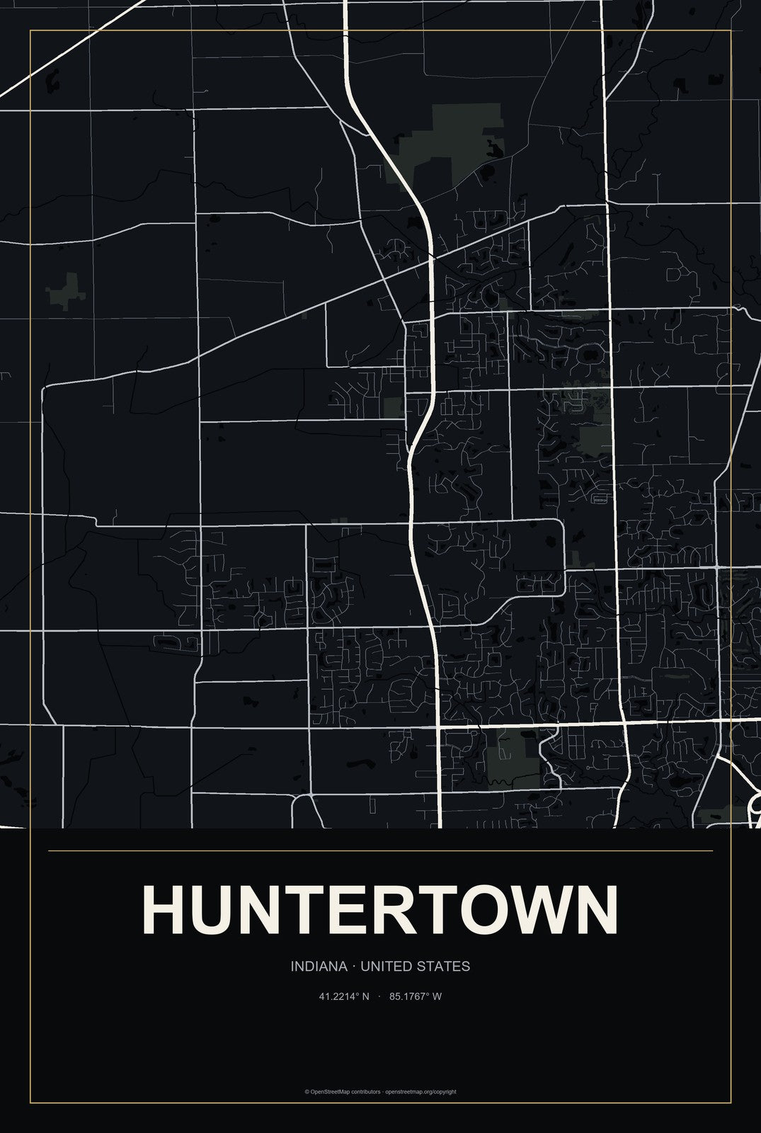 Huntertown, Indiana City Map Aluminum Sign in Metropolitan Noir style