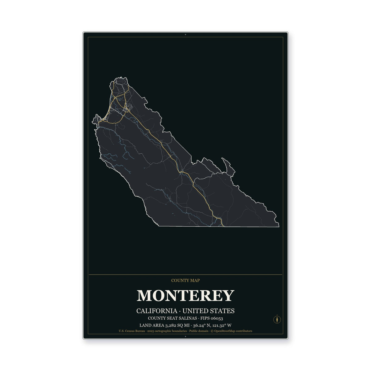Monterey County, California Map Aluminum Sign in Metropolitan Noir style