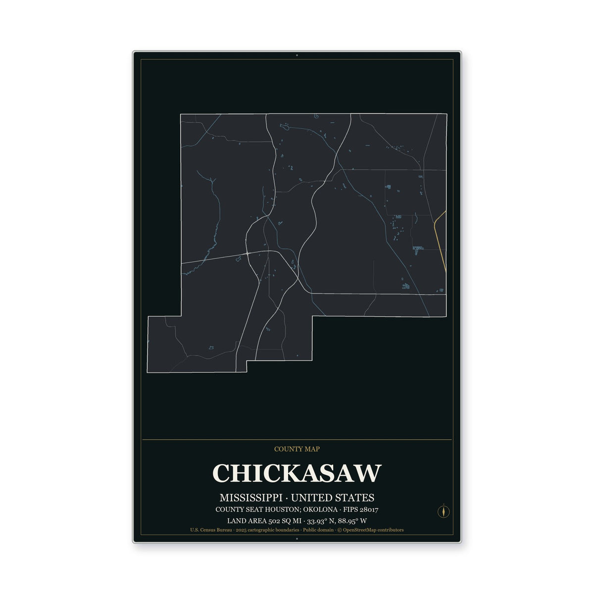 Chickasaw County, Mississippi Map Aluminum Sign in Metropolitan Noir style
