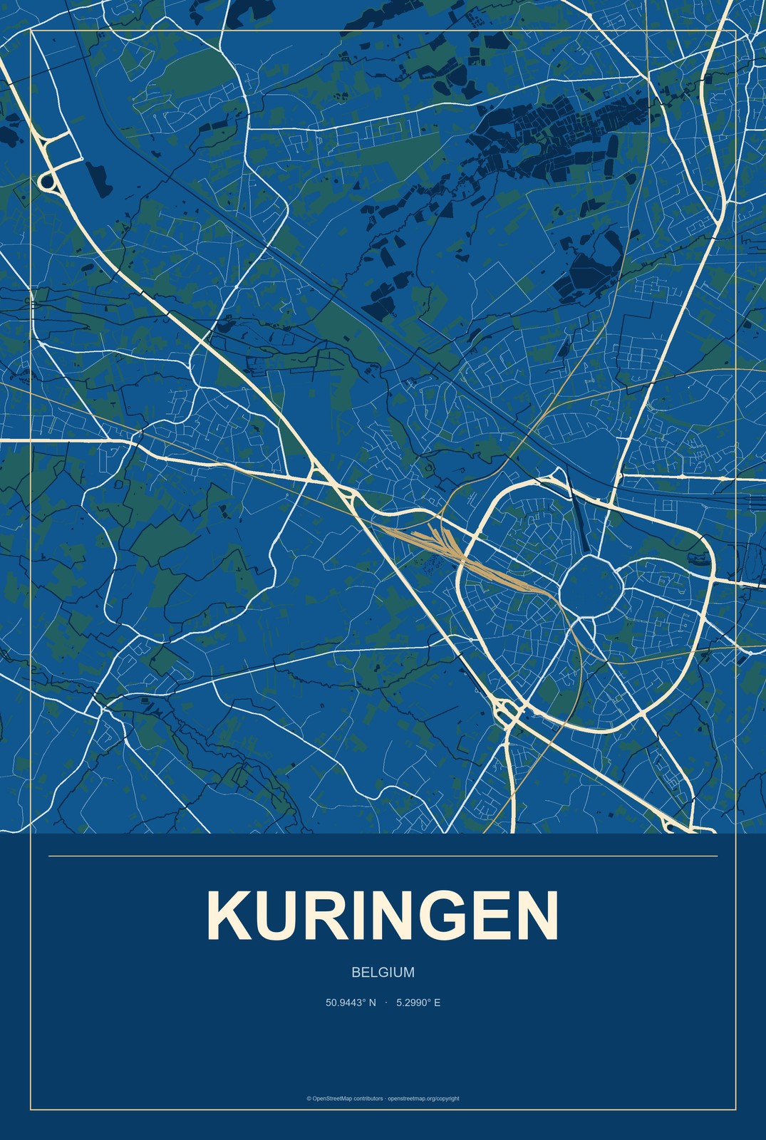 Kuringen, Belgium City Map Aluminum Sign in Harbor Cobalt style