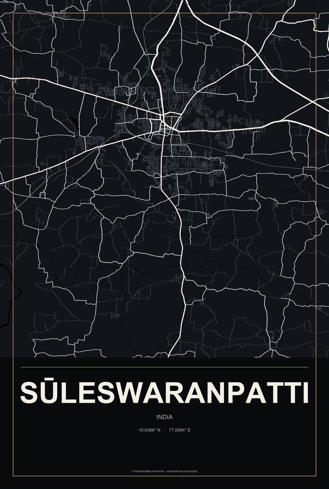 Sūleswaranpatti, India City Map Aluminum Sign in Metropolitan Noir style