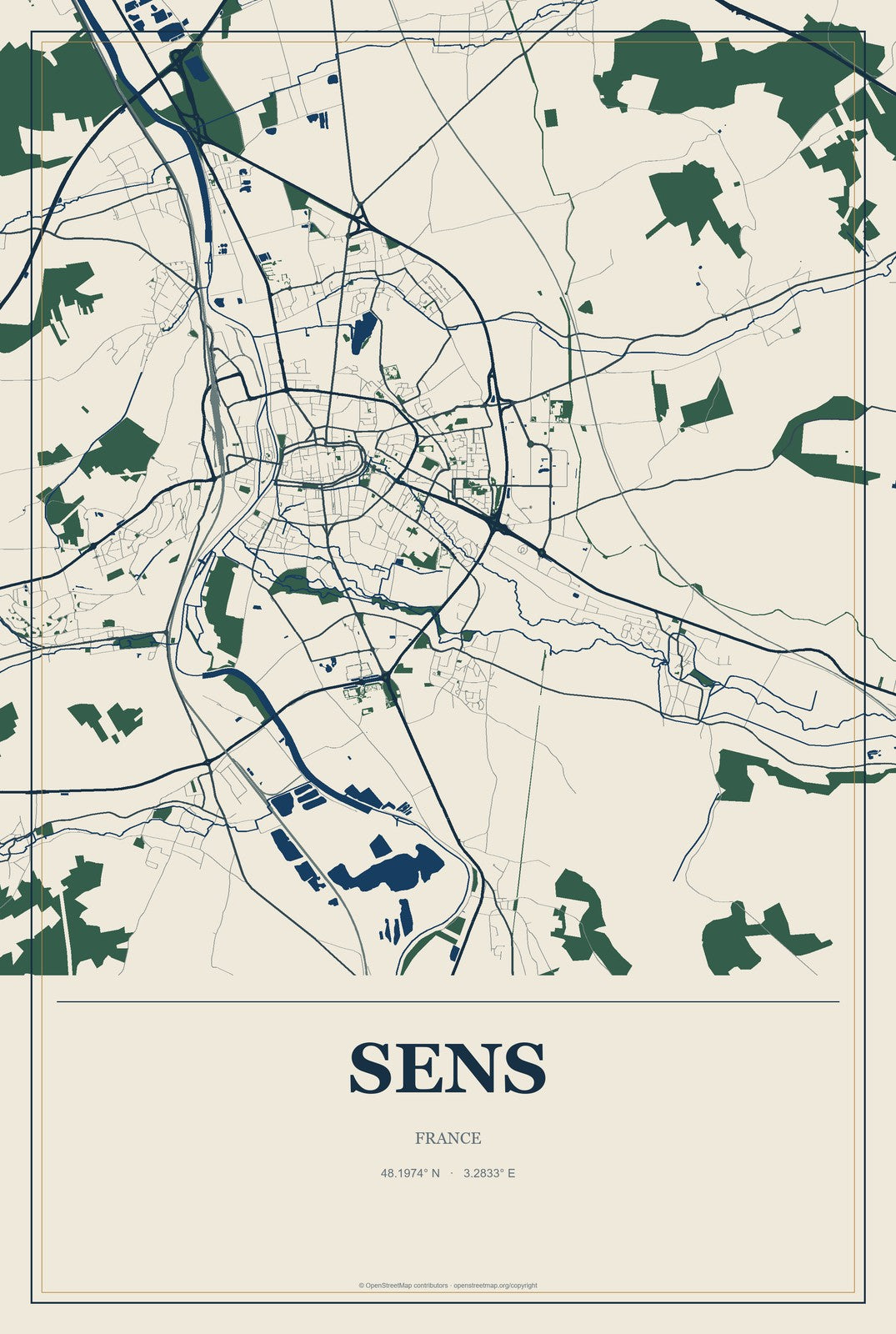 Sens, France City Map Aluminum Sign in Coastal Cutout style