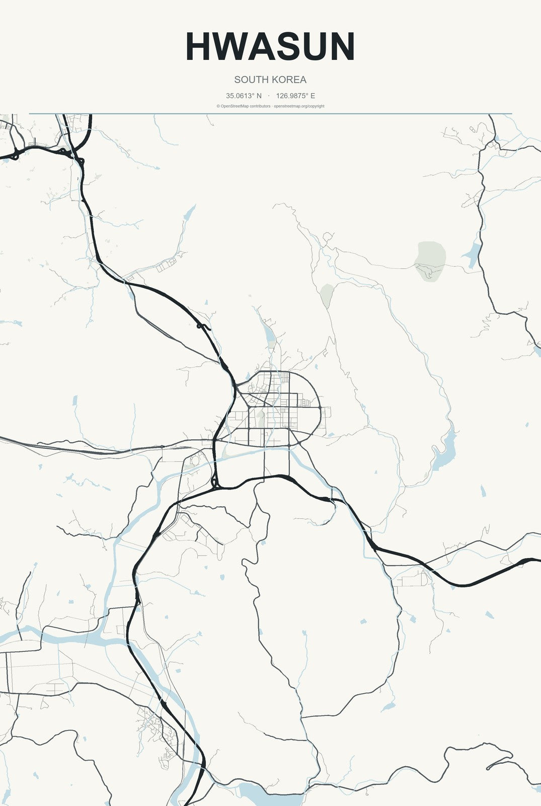 Hwasun, South Korea City Map Aluminum Sign in Headline Atlas style