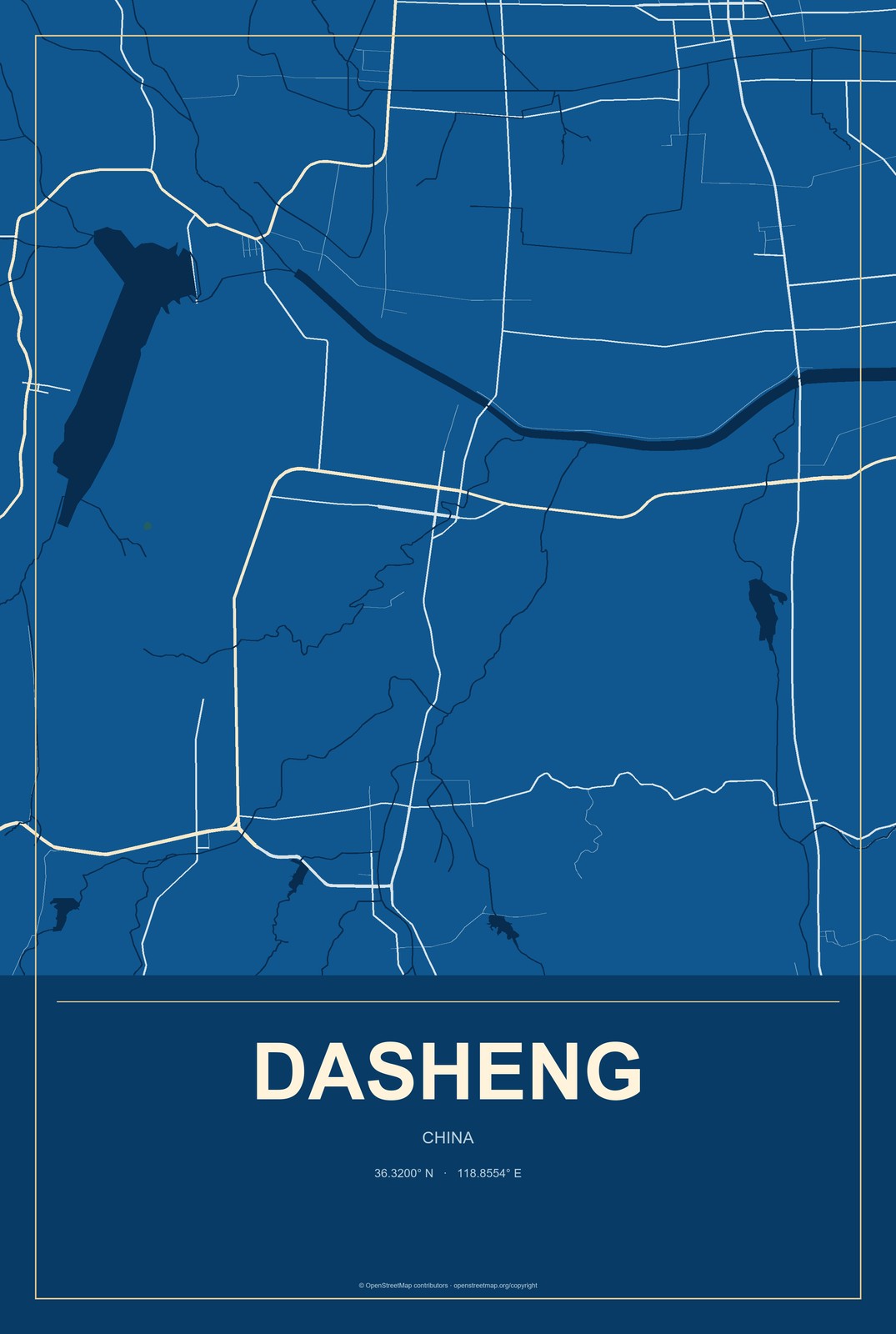 Dasheng, Shandong, China City Map Aluminum Sign in Harbor Cobalt style