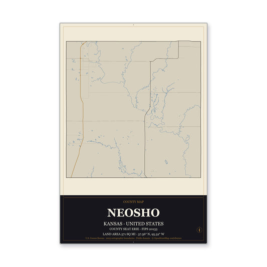 Neosho County, Kansas Map Aluminum Sign in Museum Plaque style